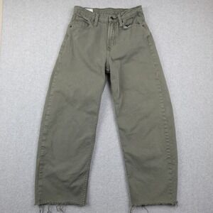 GAP Barrel High Rise Jeans Olive Green Distressed Raw Hem Women's Size 25